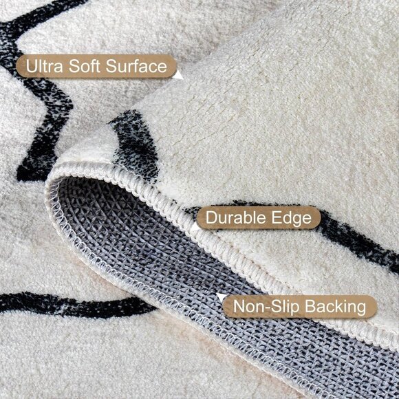 Moroccan Octagram Design Rug 2x3' Beige Black Distressed Non-Slip Washable Soft - Picture 2 of 7